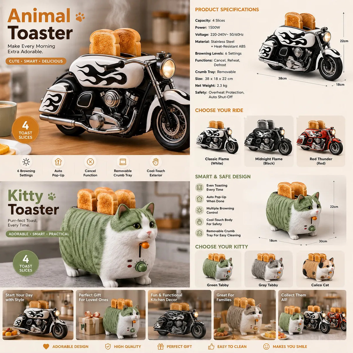 Creative 4-Slice Toaster | Cute Aesthetic Kitchen Appliance for Cozy Breakfast & Unique Home Decor-4