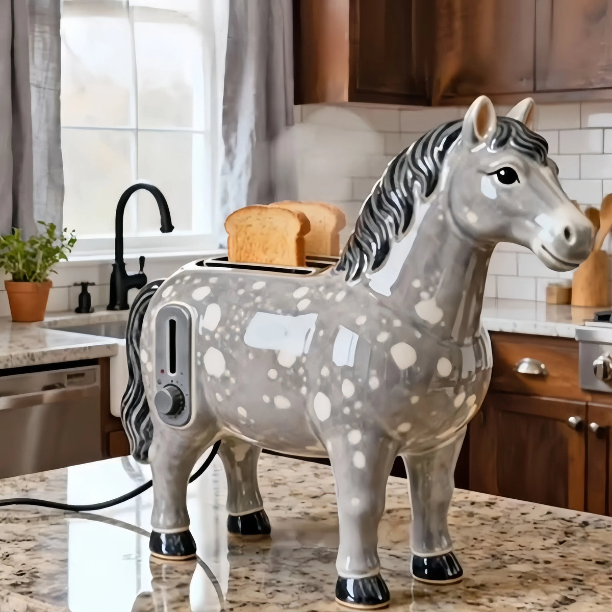 Charming Ceramic-Look Horse 2-Slice Toaster | Premium Glossy Resin Kitchen Appliance-Dappled Gray Horse