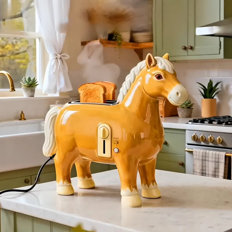 Charming Ceramic-Look Horse 2-Slice Toaster | Premium Glossy Resin Kitchen Appliance-Golden Tan Horse