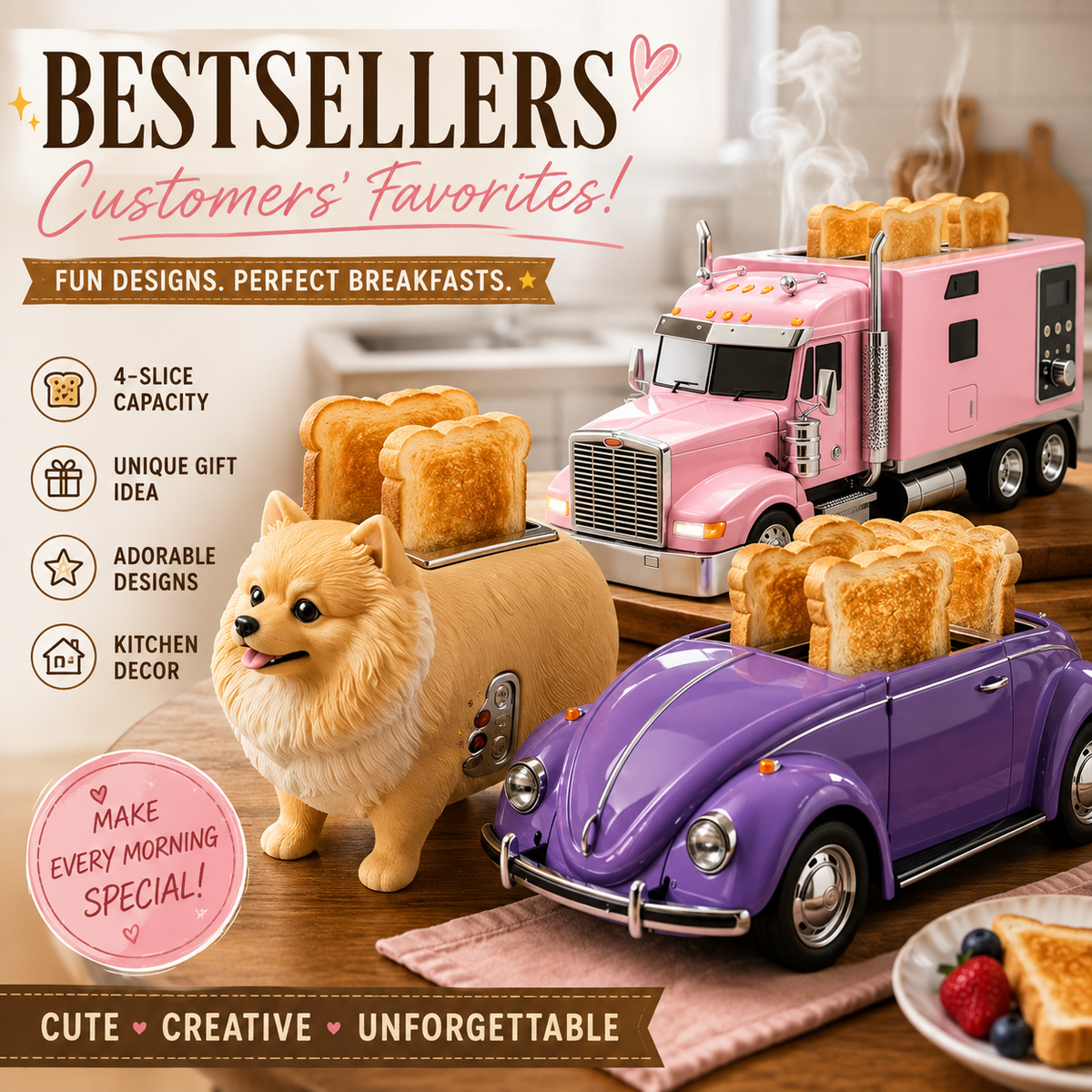 Cute Retro Toaster – 4-Slice Creative Kitchen Appliance for Fun Breakfasts & Gift Giving