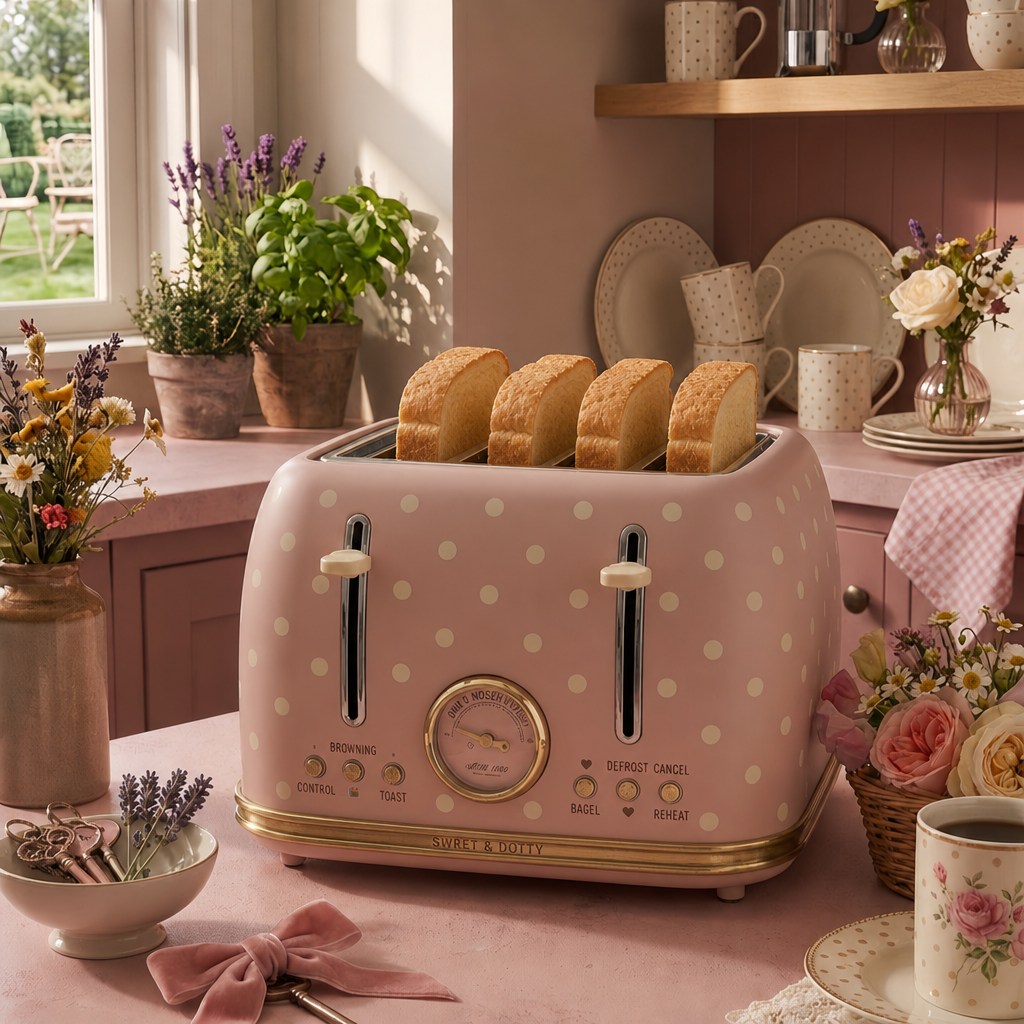 Pink 4-Slice Toaster – Cute Retro Kitchen Appliance for Aesthetic Home Decor